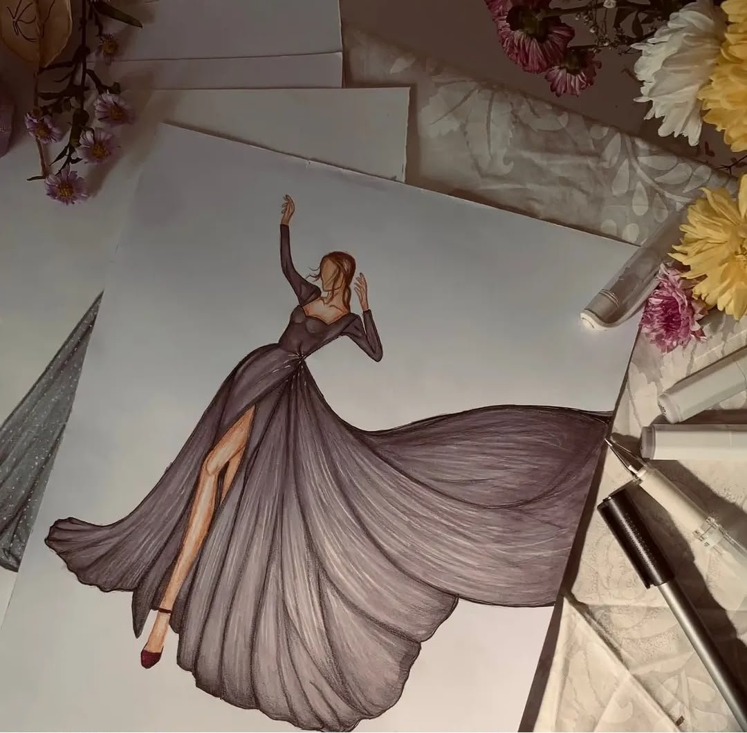 Purple evening gown fashion illustration